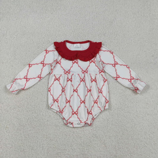 12.8 RTS NO MOQ （In stock）LR2725 Baby Girls Winter Rompers Baby Girls Red Bows Checked Valentines Ruffle Collar Rompers