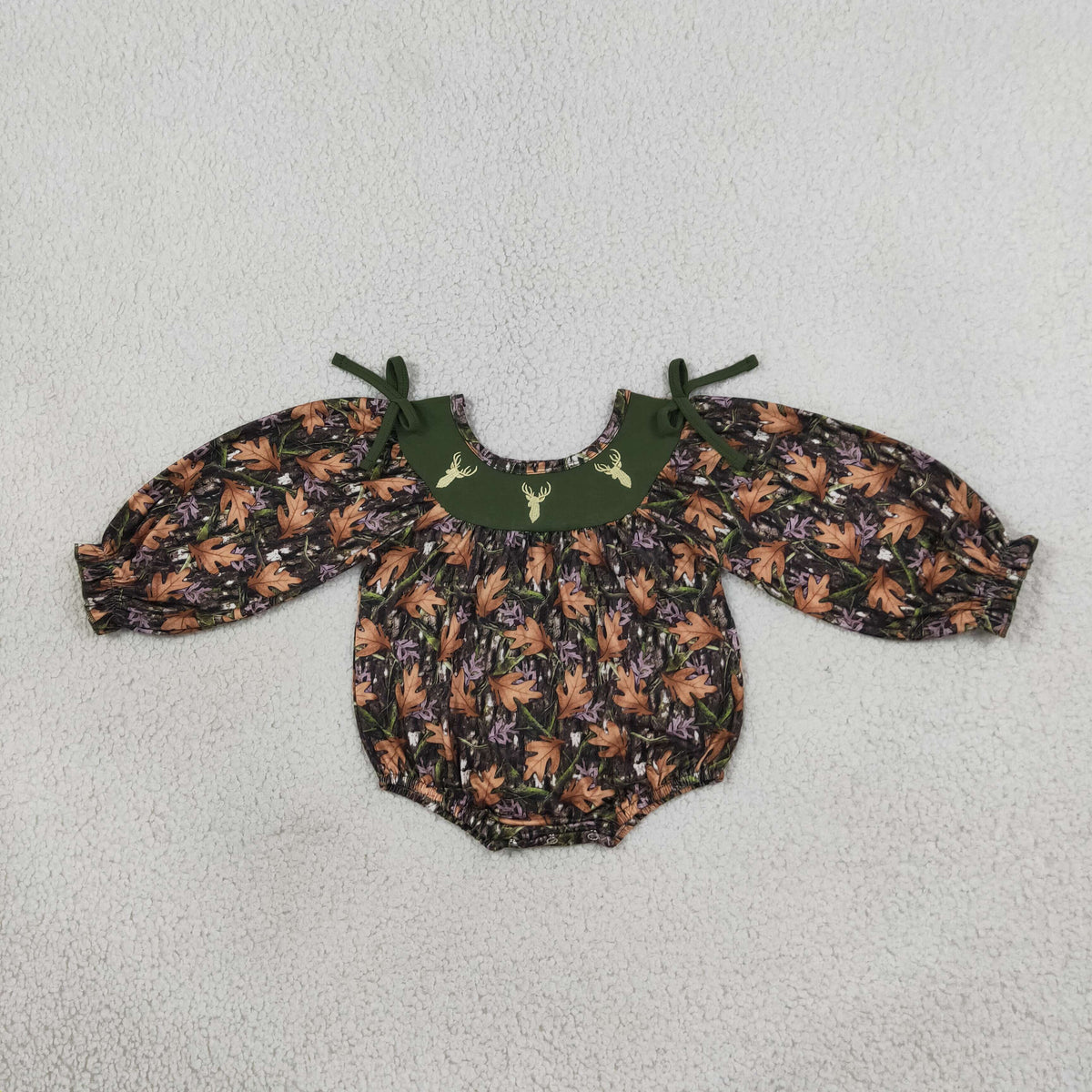 RTS NO MOQ （In stock）LR2728 milk silk Embroidery Deer Baby Girls Green Leaves Camo Hunting Bows Romper
