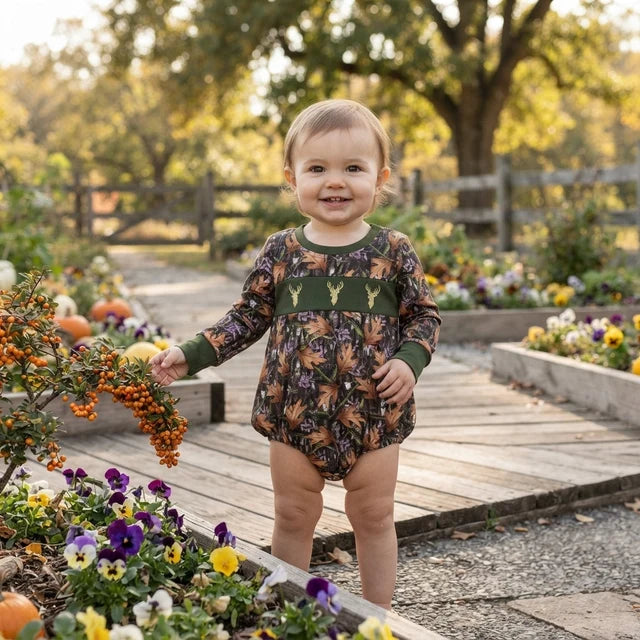 RTS NO MOQ （In stock）LR2729  milk silk Embroidery Deer Baby Boys Green Leaves Camo Bows Hunting Rompers