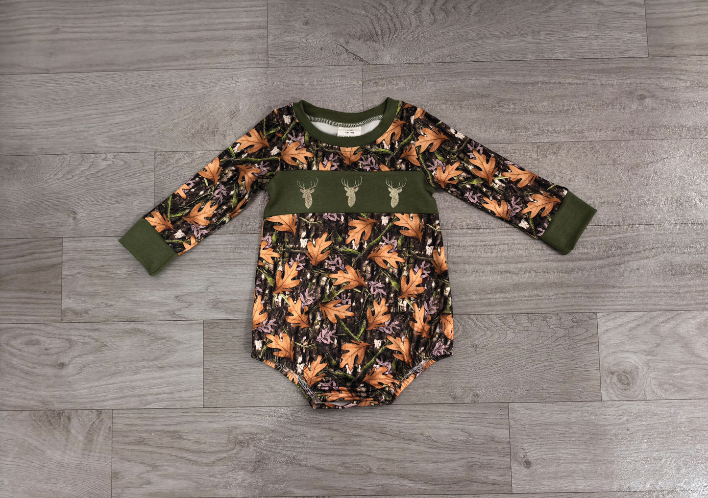 LR2729 Sample No Moq milk silk Embroidery Baby Boys Green Leaf Camo Print Hunting Long Sleeve Romper