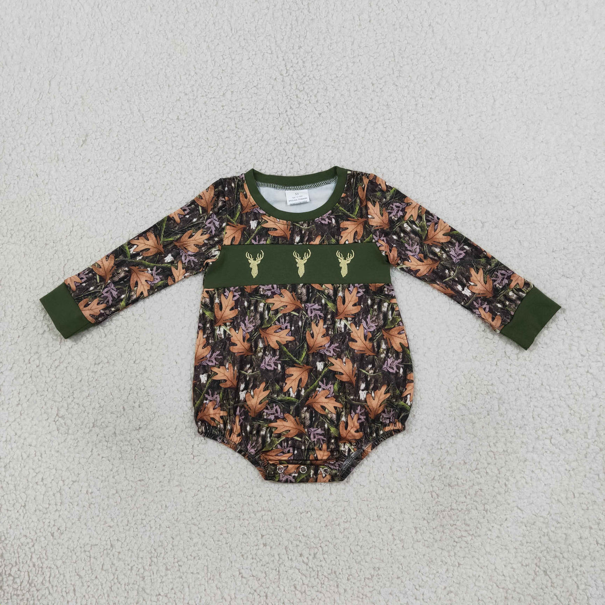 RTS NO MOQ （In stock）LR2729  milk silk Embroidery Deer Baby Boys Green Leaves Camo Bows Hunting Rompers