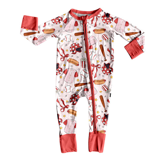 9.25 LR2731 Pre order No Moq Baby Girls Bows Baseballs Team Footie Rompers