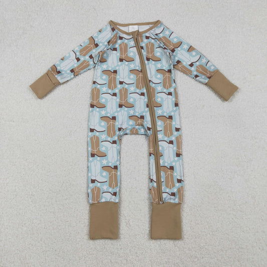 10.28 RTS NO MOQ （In stock）LR2734 Baby Boys Winter Rompers Baby Boys Boots Stars Plaid Western Two Way Zip Convertible Rompers