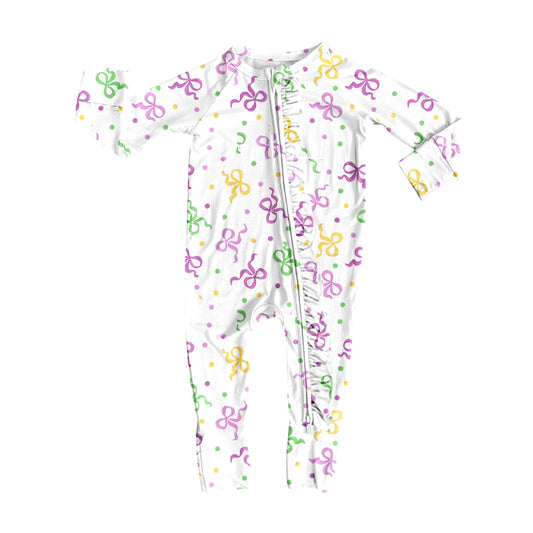 9.26 LR2735 Pre order No Moq Baby Girls Mardigras Bows Polka Dots Zipper Rompers