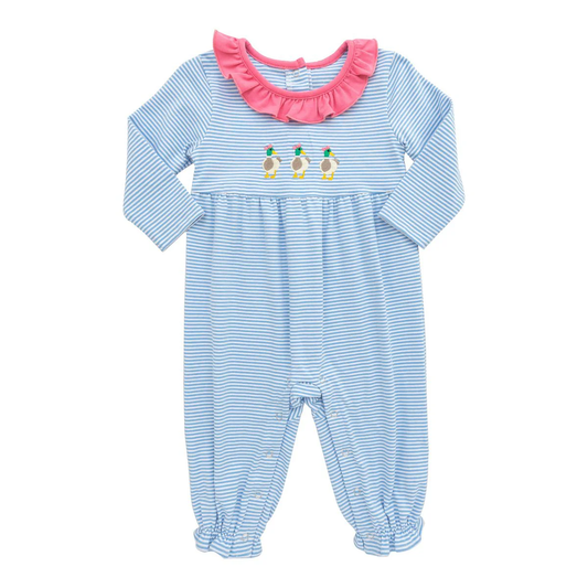 9.26 LR2738 Pre order No Moq Baby Girls Blue Stripe Ducks Ruffle Footie Rompers