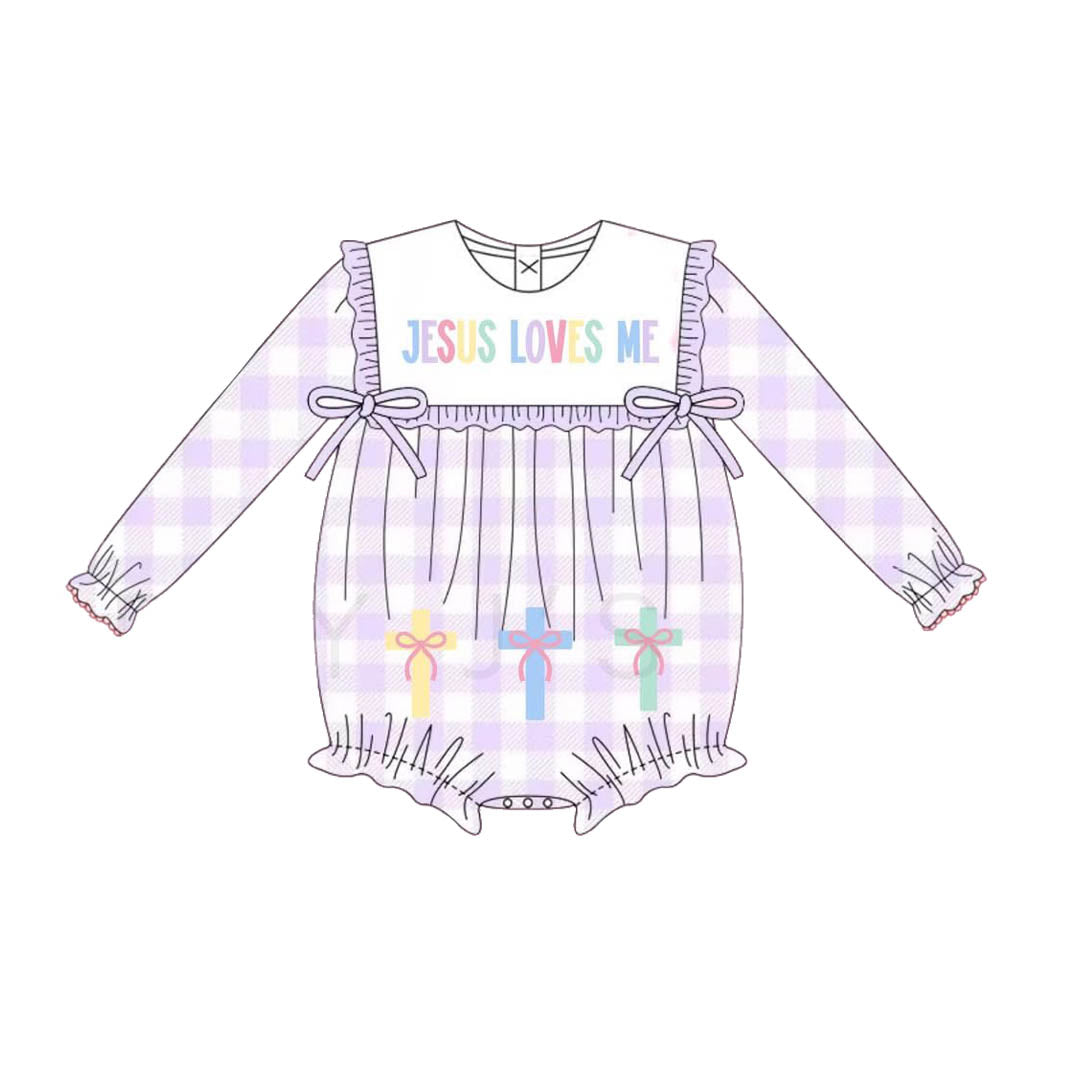 9.27 LR2740 Pre order No Moq Baby Girls Lavender Checked Jesus Love Me Cross Ruffle Rompers
