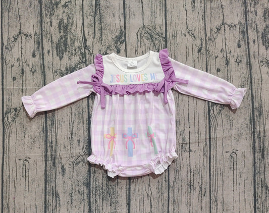 10.1 LR2740 Sample No Moq Baby Girls Pink Checked Jesus Love Me Cross Ruffle Rompers