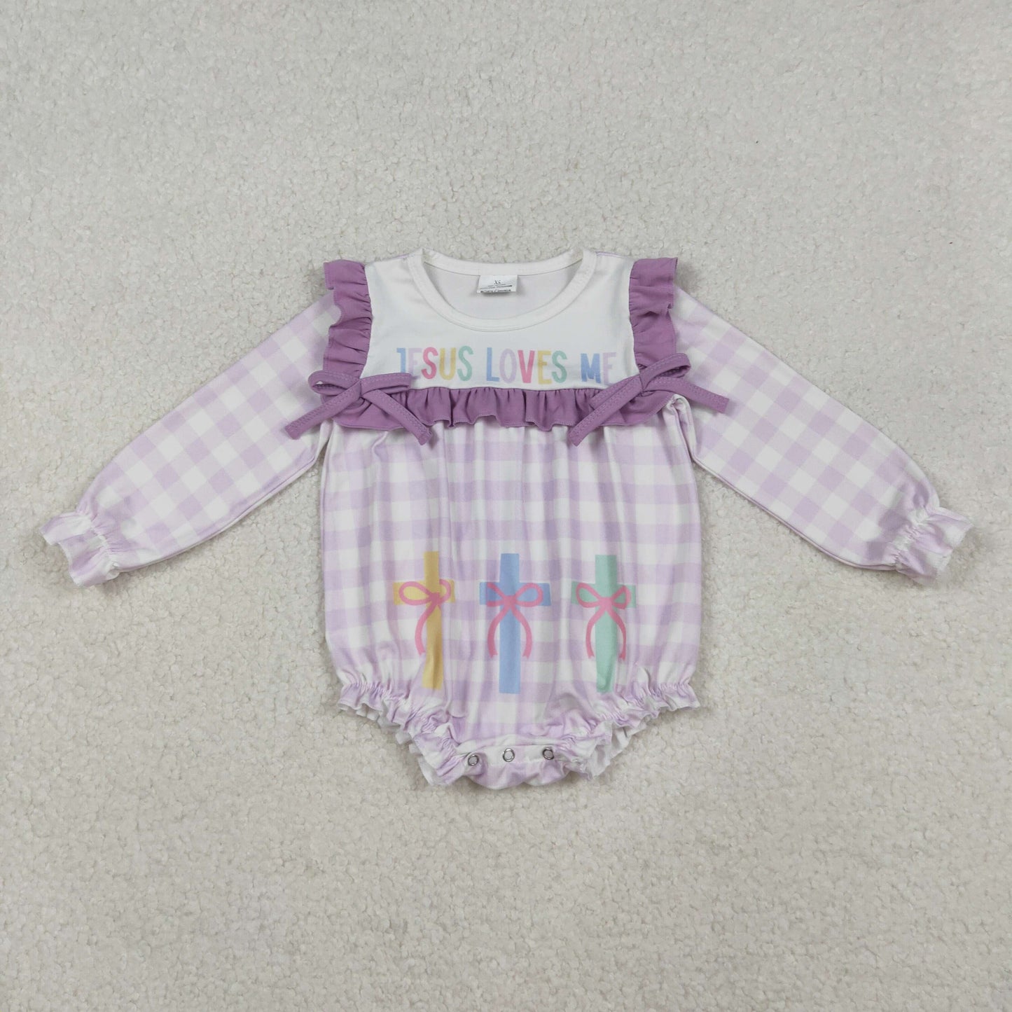 10.17 RTS NO MOQ （In stock）LR2740 Baby Girls Winter Rompers Baby Girls Lavender Checked Jesus Love Me Cross Ruffle Rompers