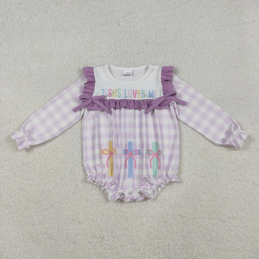 10.17 RTS NO MOQ （In stock）LR2740 Baby Girls Winter Rompers Baby Girls Lavender Checked Jesus Love Me Cross Ruffle Rompers