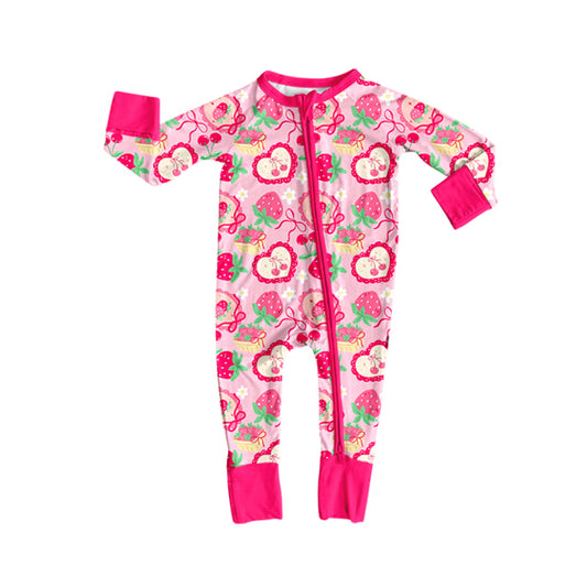 9.30 LR2736 Pre order No Moq Baby Girls Pink Bows Strawberry Flowers Zipper Footie Rompers