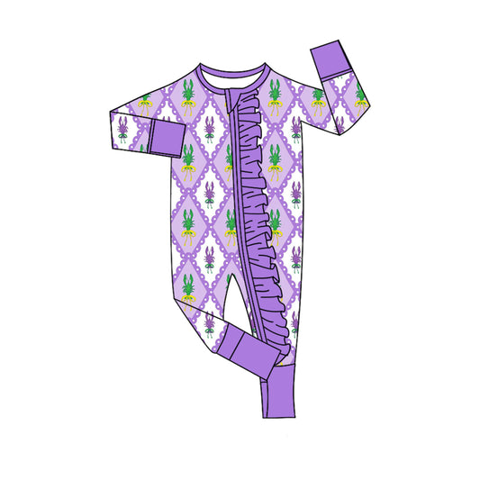 10.2 LR2749 Pre order No Moq Baby Girls Purple Checked Crayfishes Mardigras Ruffle Zipper Footie Rompers