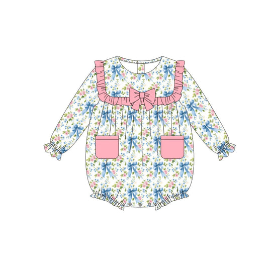10.3 LR2754 Pre order No Moq Baby Girls Long Sleeve Bows Floral Pockets Ruffle Rompers