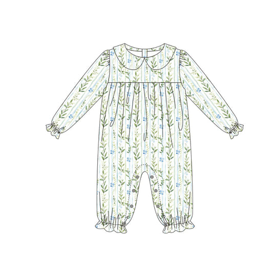 10.3 LR2755 Pre order No Moq Baby Girls Long Sleeve Green Blue Flowers Stripe Ruffle Footie Rompers