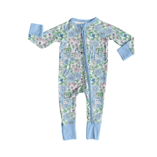 10.3 LR2756 Pre order No Moq Baby Girls Long Sleeve Blue Pink Flowers Zipper Footie Rompers