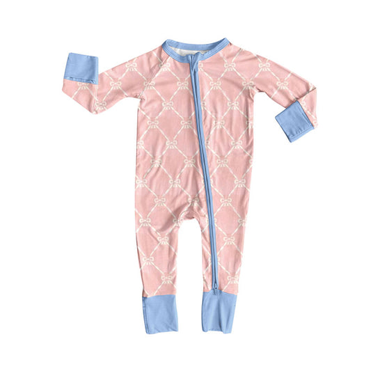 10.3 LR2757 Pre order No Moq Baby Girls Long Sleeve Pink Bows Checked Zipper Footie Rompers
