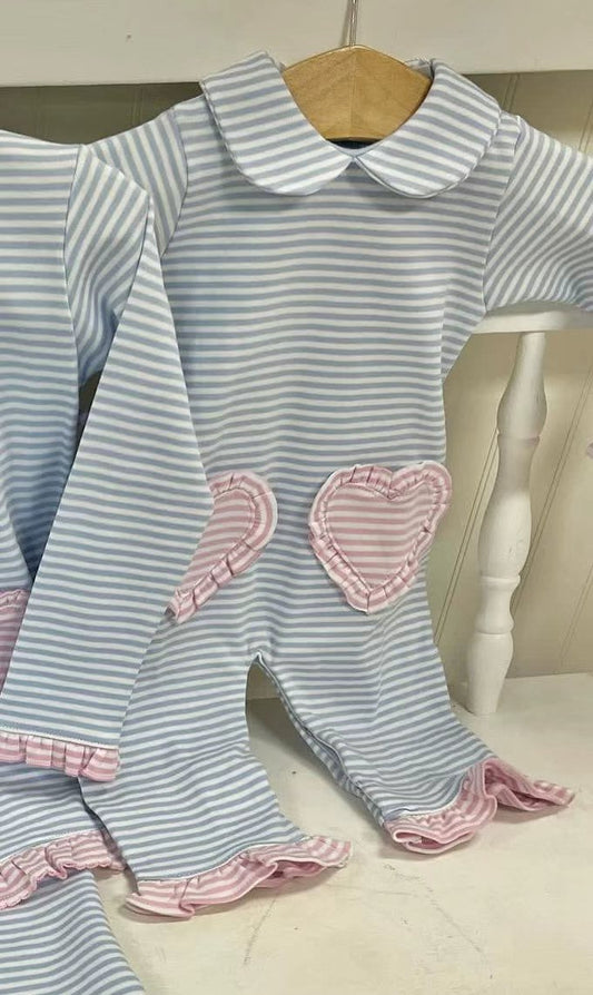 10.4 LR2759 Pre order No Moq Baby Girls Long Sleeve Blue Stripe Hearts Ruffle Footie Rompers