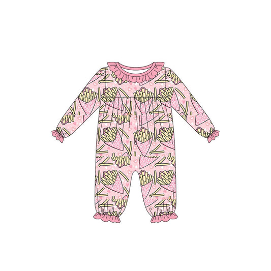 10.4 LR2760 Pre order No Moq Baby Girls Long Sleeve Hearts Chips Valentine Ruffle Footie Rompers