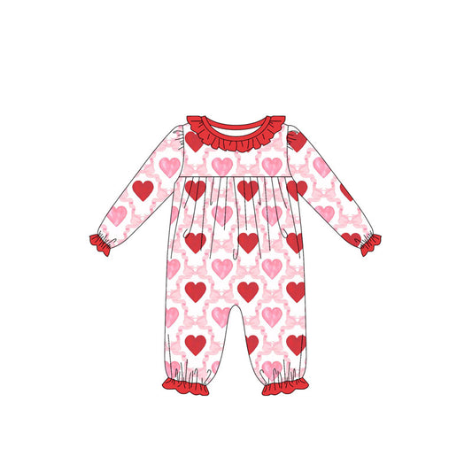 10.4 LR2761 Pre order No Moq Baby Girls Long Sleeve Hearts Bows Checked Valentine Ruffle Footie Rompers