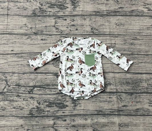 10.4 LR2762 Sample No Moq Baby Boys Long Sleeve Green Ducks Plaid Pocket Southern Rompers