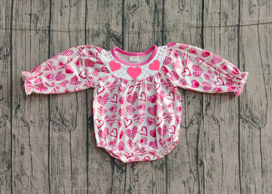 11.26 LR2767 Sample No Moq Embroidery Hearts Baby Girls Valentines Long Ruffle Sleeve Rompers