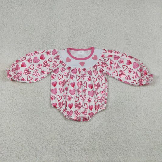 12.26 RTS NO MOQ （In stock）LR2767 Baby Girls Winter Rompers Embroidery Hearts Baby Girls Valentines Ruffle Rompers