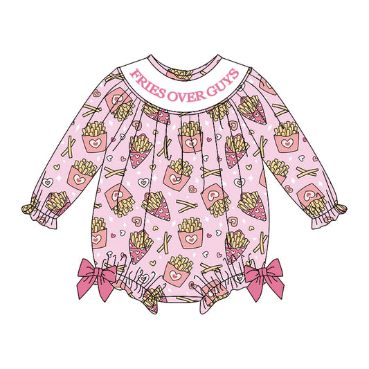 10.11 LR2768 Pre order No Moq Baby Girls Pink Hearts Chip Fries Over Guys Valentine Ruffle Bows Rompers