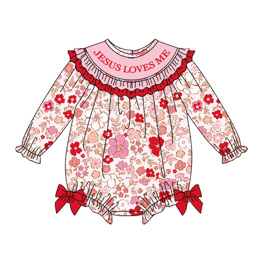 10.11 LR2769 Pre order No Moq Baby Girls Pink Red Flowers Jesus Love Me Ruffle Bows Rompers