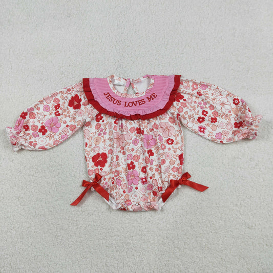 12.29 RTS NO MOQ （In stock）LR2769 Baby Girls Winter Rompers Smocked Jesus Love Me Baby Girls Flowers Ruffle Rompers