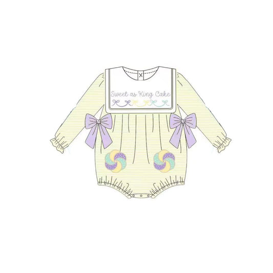 10.11 LR2770 Pre order No Moq Baby Girls Mardigras Sweet as King Cake Stripe Bows Ruffle Rompers