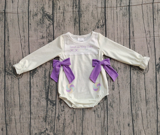 11.25 LR2770 Sample No Moq Baby Girls Mardigras Sweet as King Cake Stripe Bows Ruffle Rompers