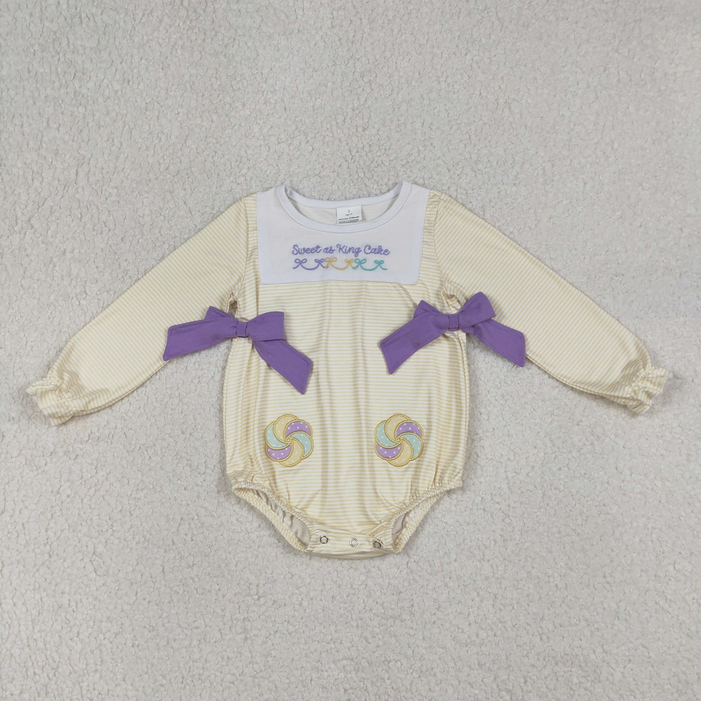 1.8 RTS NO MOQ （In stock）LR2770 Baby Girls Winter Rompers Embroidery Sweet as King Cake Baby Girls Mardigras Stripe Ruffle Rompers