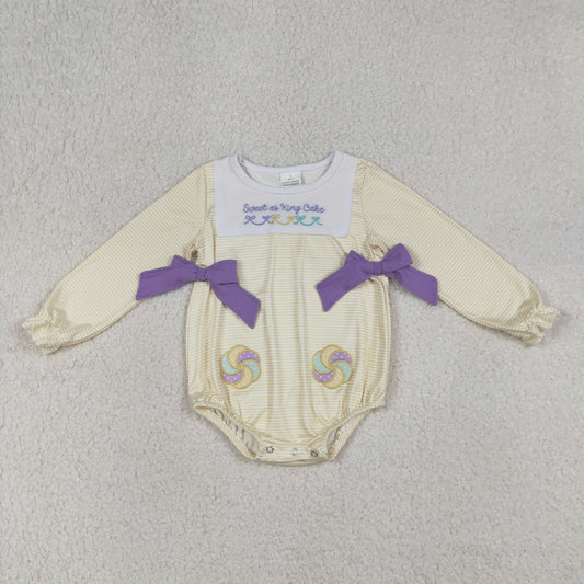 1.8 RTS NO MOQ （In stock）LR2770 Baby Girls Winter Rompers Embroidery Sweet as King Cake Baby Girls Mardigras Stripe Ruffle Rompers
