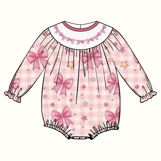 10.11 LR2771 Pre order No Moq Baby Girls Pink Checked Bows Stars Valentine Ruffle Sleeve Rompers