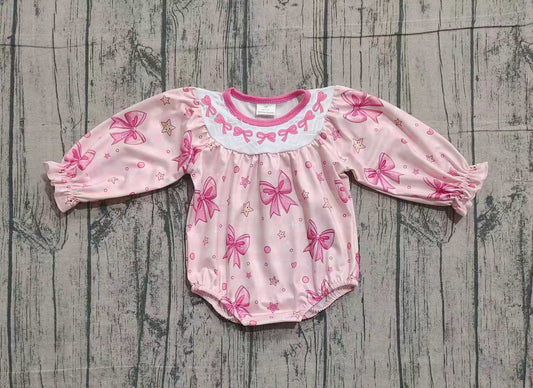 11.26 LR2771 Sample No Moq Embroidery Bows Baby Girls Pink Stars Valentines Ruffle Rompers