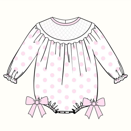 10.11 LR2772 Pre order No Moq Baby Girls Light Pink Polka Dots Bows Valentine Ruffle Sleeve Rompers