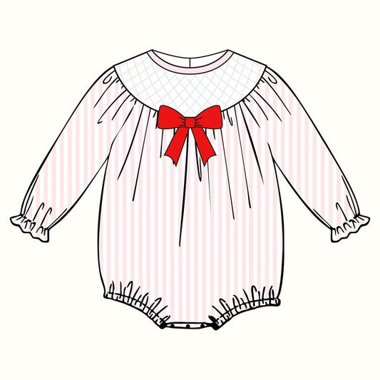 10.11 LR2773 Pre order No Moq Baby Girls Light Pink Stripe Red Bows Valentine Ruffle Sleeve Rompers