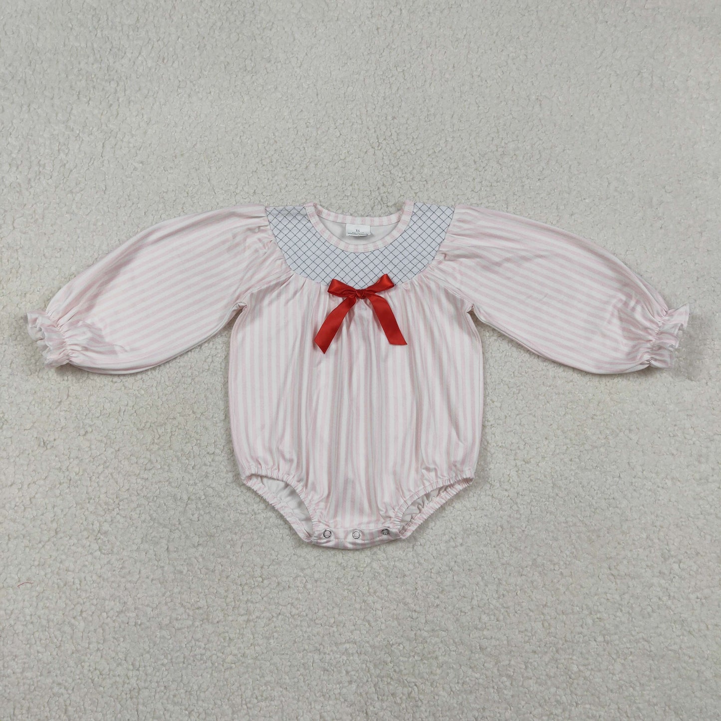 12.29 RTS NO MOQ （In stock）LR2773 Baby Girls Winter Rompers Embroidery Checked Baby Girls Pink Stripe Bows Ruffle Rompers