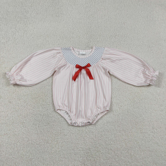 12.29 RTS NO MOQ （In stock）LR2773 Baby Girls Winter Rompers Embroidery Checked Baby Girls Pink Stripe Bows Ruffle Rompers