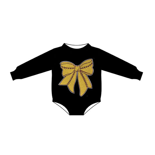 10.13 LR2774 Pre order No Moq Baby Girls Black Long Sleeve Gold Bows Rompers
