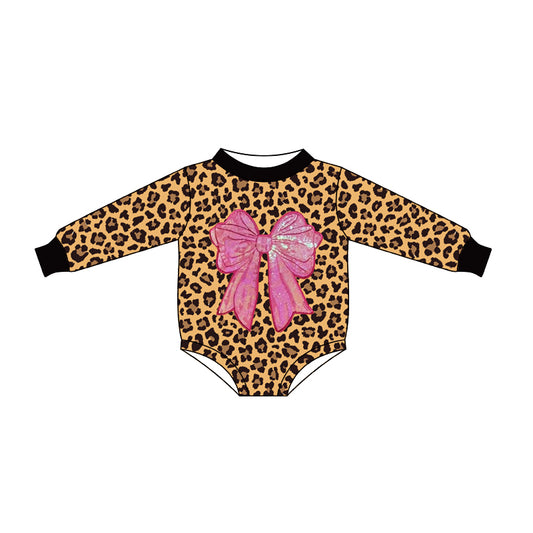 10.13 LR2775 Pre order No Moq Baby Girls Long Sleeve Leopard Pink Bows Rompers