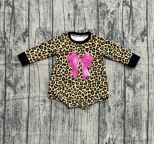 10.22 LR2775 Sample No Moq Baby Girls Long Sleeve Leopard Pink Bows Rompers