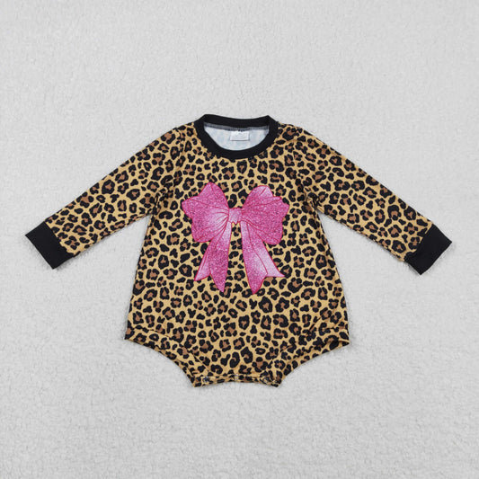 11.18 RTS NO MOQ （In stock）LR2775 Baby Girls Winter Rompers Baby Girls Long Sleeve Leopard Pink Bows Rompers