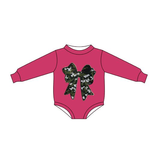 10.13 LR2776 Pre order No Moq Baby Girls Pink Long Sleeve Olive Camo Bows Rompers