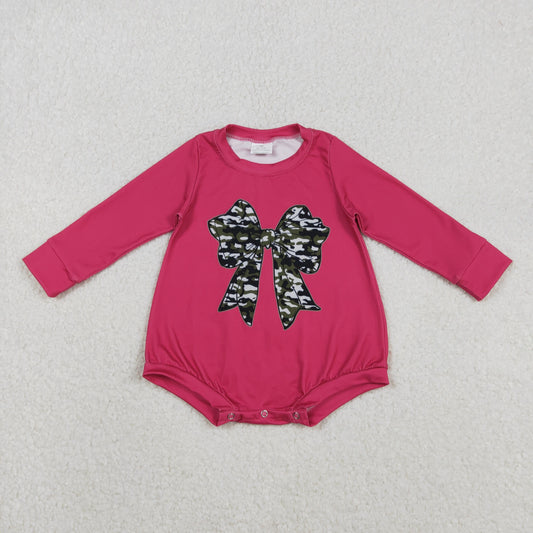 11.20 RTS NO MOQ （In stock）LR2776 Baby Girls Winter Rompers Baby Girls Hot Pink Long Sleeve Olive Camo Bows Southern Rompers