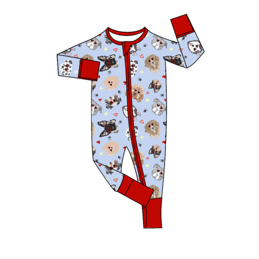 10.13 LR2779 Pre order No Moq Baby Boys Hearts Dogs Valentine Zipper Footie Rompers