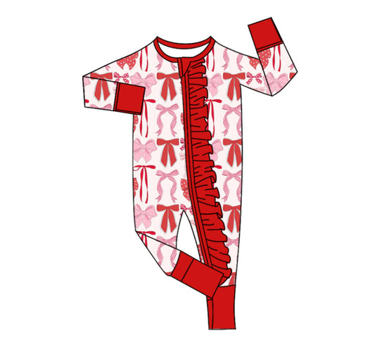 10.13 LR2780 Pre order No Moq Baby Girls Red Pink Bows Plaid Valentine Ruffle Zipper Footie Rompers