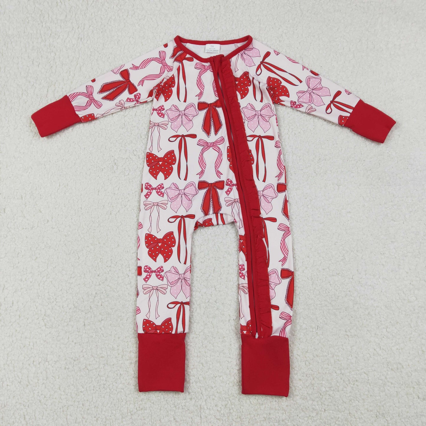 12.23 RTS NO MOQ （In stock）LR2780 Baby Girls Winter Rompers Baby Girls Red Bows Plaid Valentines Two Way Ruffle Zip Convertible Rompers