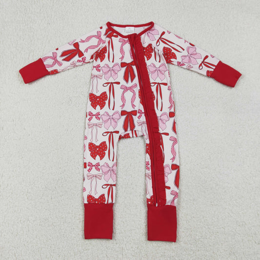 12.23 RTS NO MOQ （In stock）LR2780 Baby Girls Winter Rompers Baby Girls Red Bows Plaid Valentines Two Way Ruffle Zip Convertible Rompers