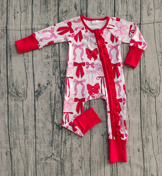 11.26 LR2780 Sample No Moq Baby Girls Red Bows Plaid Valentines Two Way Ruffle Zip Convertible Rompers