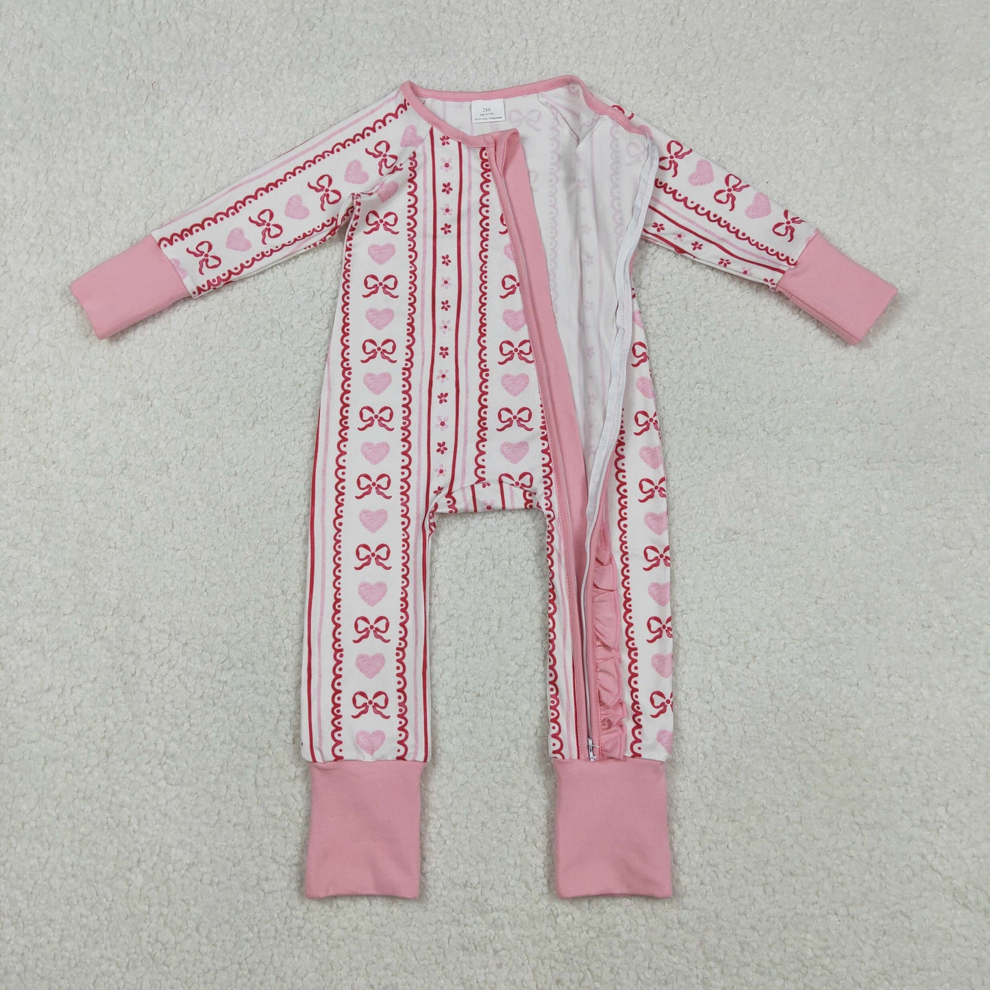 11.18 RTS NO MOQ （In stock）LR2781 Baby Girls Winter Rompers Baby Girls Pink Bows Hearst Stripe Valentines Two Way Ruffle Zip Convertible Rompers
